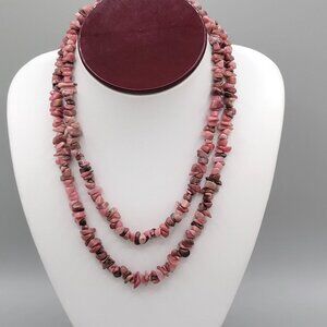 Pink Rhodonite Stone Chips Boho Long Necklace Natural Polished Vintage 32"